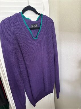 V-Neck Purple Sweater with Teal Neckline